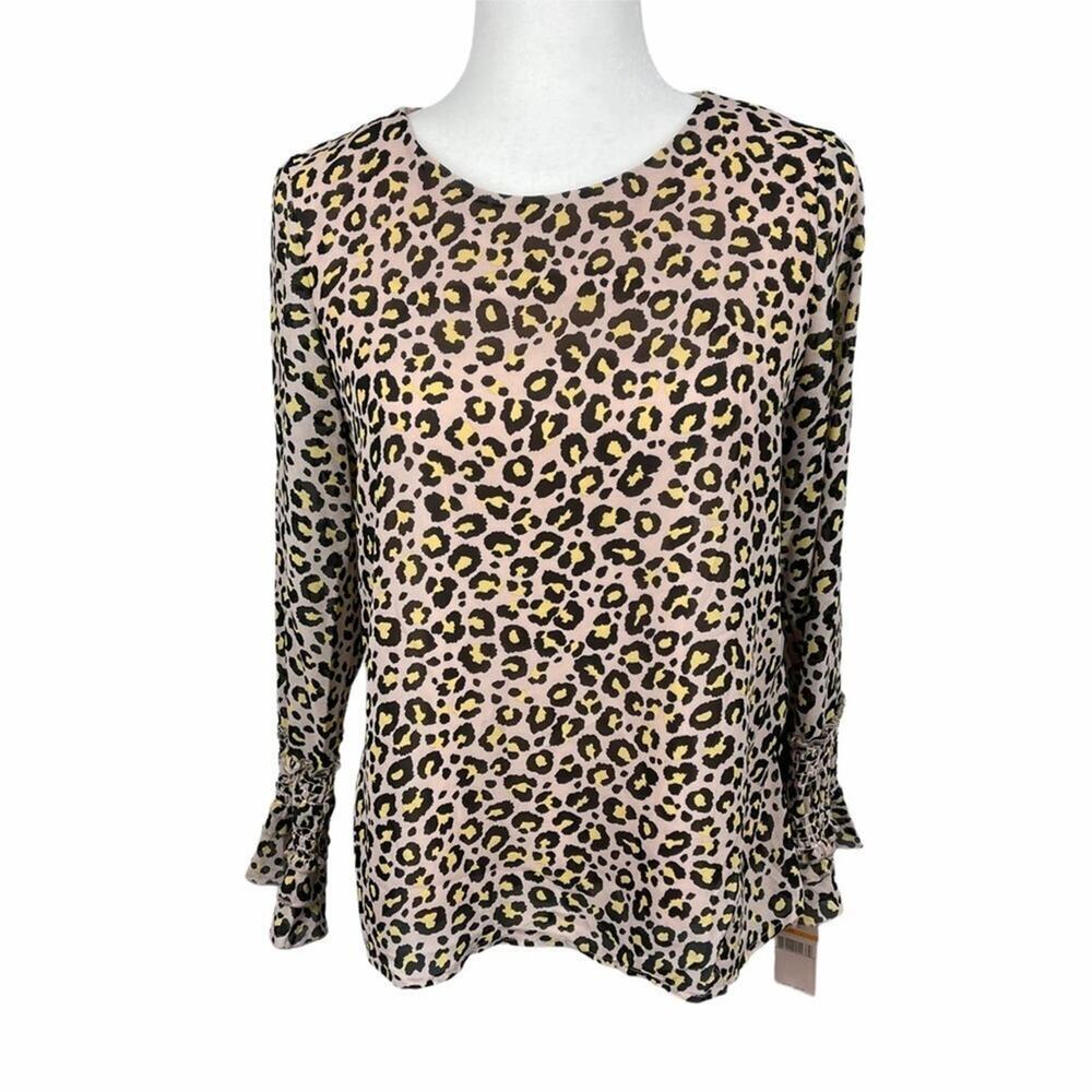 Nanette Lepore Blouse Pink Leopard Print Keyhole‎ Back Ruffle Cuffs Size S NEW
